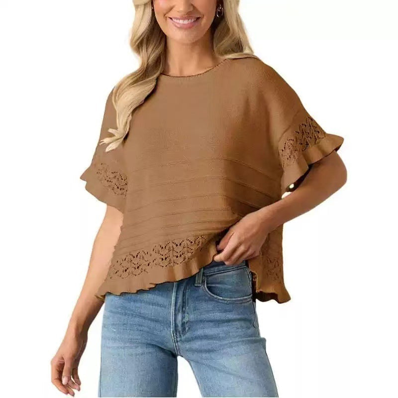 🌸 Kurzärmeliges Strickoberteil mit Rüschen für Damen ✨