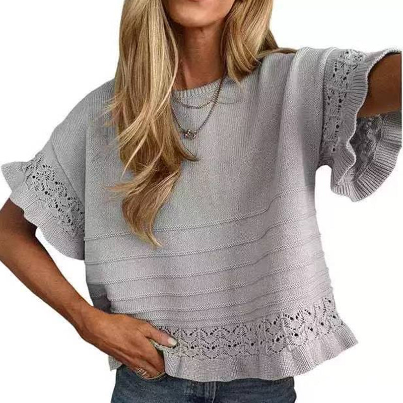 🌸 Kurzärmeliges Strickoberteil mit Rüschen für Damen ✨