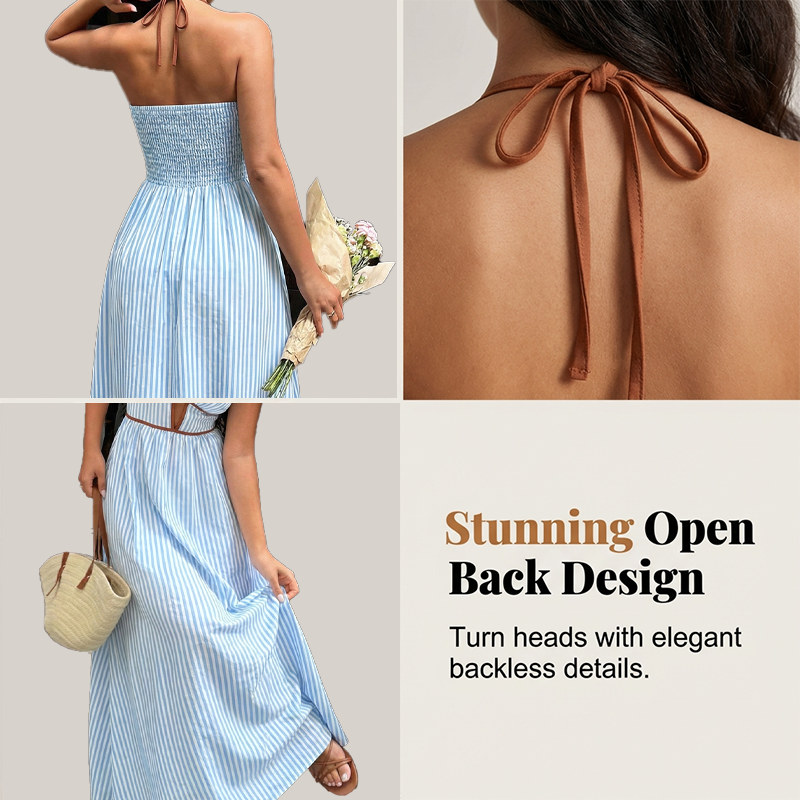 🌸Besonderes Angebot 49% Rabatt🌻 Gestreiftes Neckholder-Maxikleid für Damen