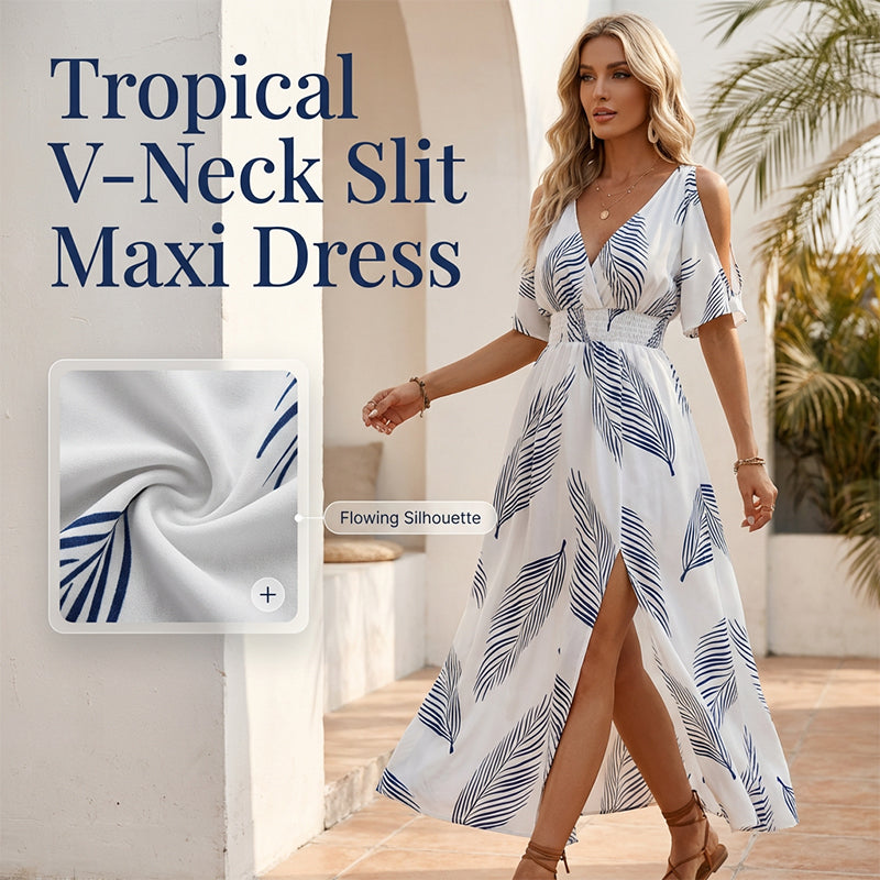 👗 Tropen-print Kleid mit V-Ausschnitt & Gehschlitz – leicht, luftig & perfekt für Strand, Urlaub & heiße Tage 🌴☀️
