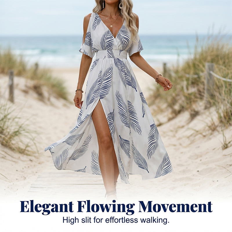 👗 Tropen-print Kleid mit V-Ausschnitt & Gehschlitz – leicht, luftig & perfekt für Strand, Urlaub & heiße Tage 🌴☀️