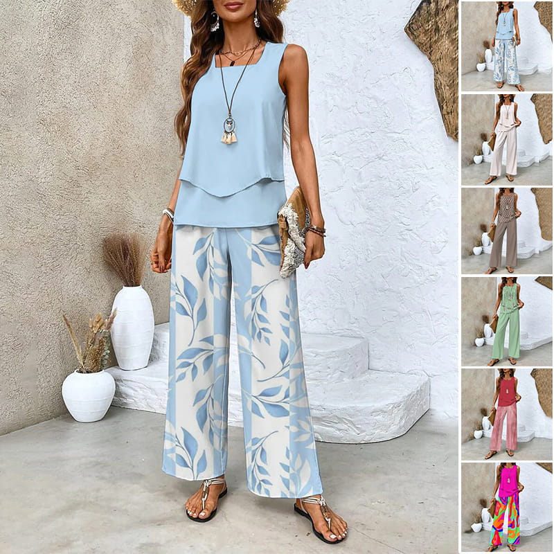 Modischer, bedruckter zweiteiliger Damen-Outfit mit ärmellosem Oberteil & Hose