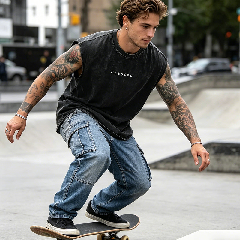 Herren Vintage-Tanktop im Acid-Wash-Look – leicht, locker geschnitten & maskulin – ideal für Sport, Freizeit & heiße Tage