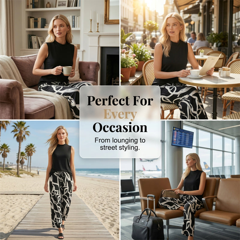 Damen Set – ärmelloses Top & gemusterte extrawette Hose – luftig, elegant & vielseitig – ideal für Sommer, Büro & Urlaub
