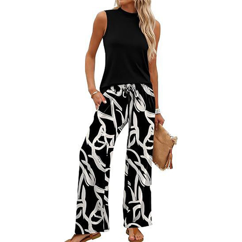 Damen Set – ärmelloses Top & gemusterte extrawette Hose – luftig, elegant & vielseitig – ideal für Sommer, Büro & Urlaub