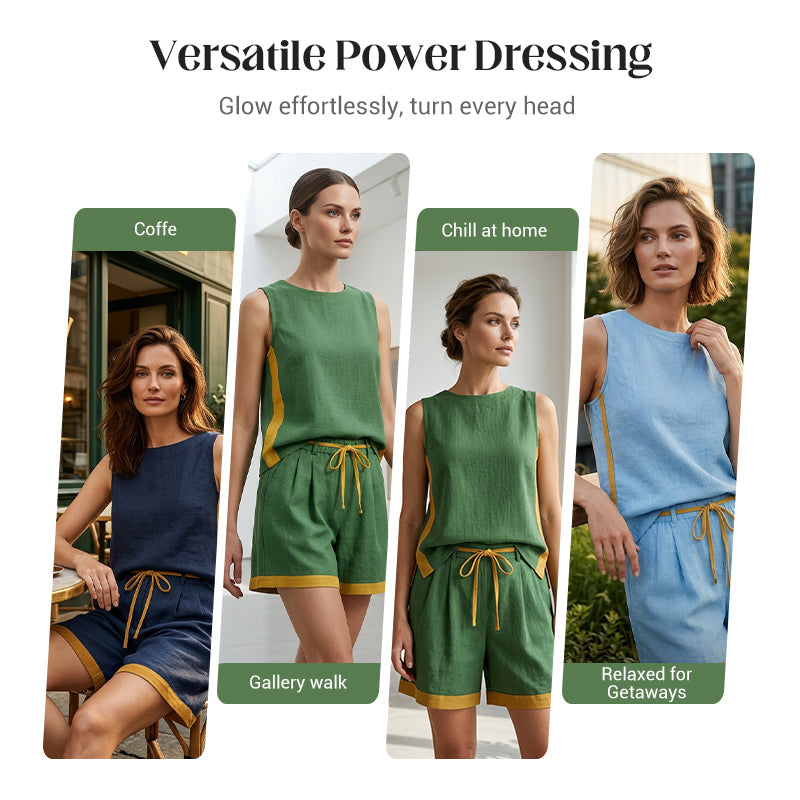 Damen Sommer-Set – ärmellos & farbkontrastierte weite Hose – luftig, modisch & bequem – ideal für heiße Tage & Freizeit