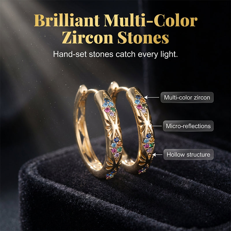 💎50 % RABATT✨ Vergoldete Creolen mit bunten Zirkonia – Elegante Statement-Ohrringe im modernen Luxus-Look