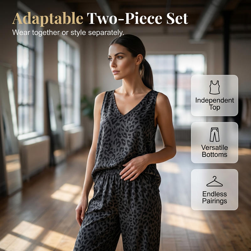 Damen Set – Neckholder-Top & weite Hose im Leopardenmuster – luftig, bequem & vielseitig