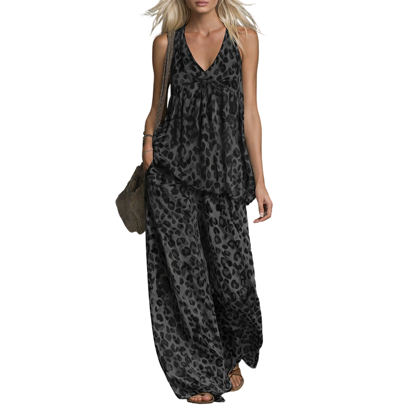 Damen Set – Neckholder-Top & weite Hose im Leopardenmuster – luftig, bequem & vielseitig