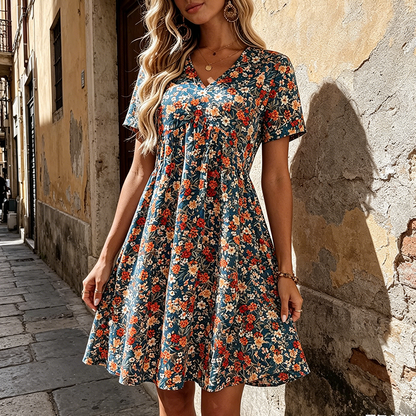 Sommerliches Kurzarmkleid – Blumendruck, Stilvoll & Leicht 💐 Perfekt für Urlaub & Freizeit