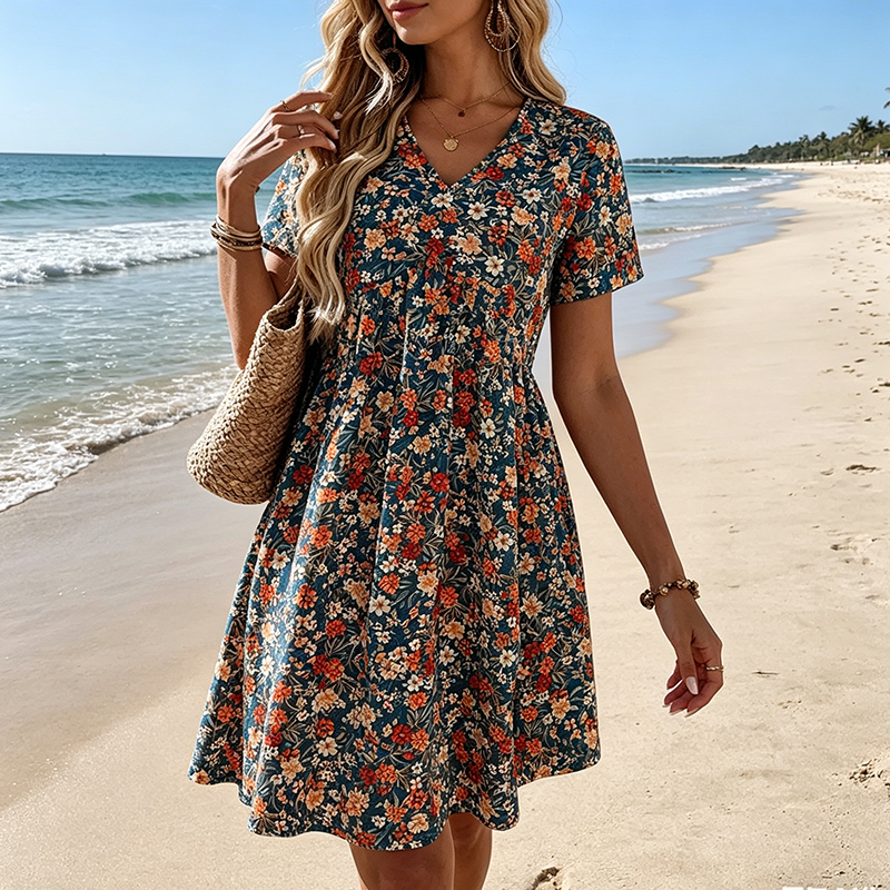 Sommerliches Kurzarmkleid – Blumendruck, Stilvoll & Leicht 💐 Perfekt für Urlaub & Freizeit