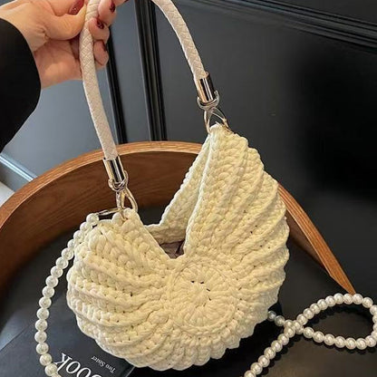 Strick Tote Bag für Damen – Muschel Design & Perlenriemen 🌸 Für Alltag & Urlaub