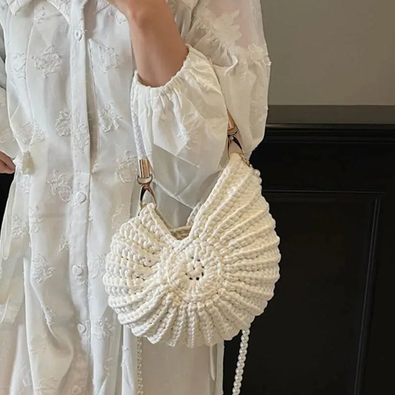 Strick Tote Bag für Damen – Muschel Design & Perlenriemen 🌸 Für Alltag & Urlaub