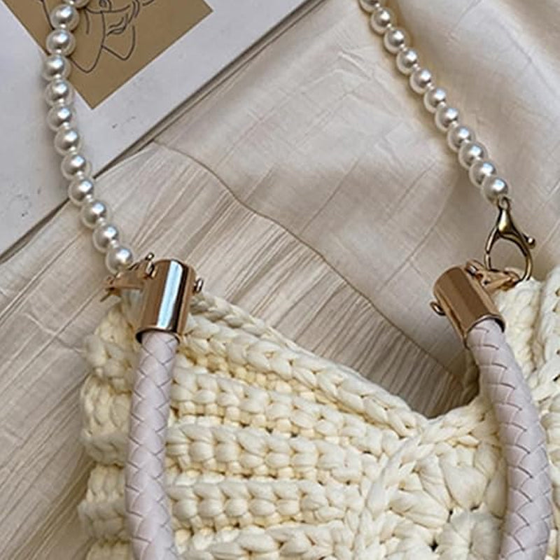 Strick Tote Bag für Damen – Muschel Design & Perlenriemen 🌸 Für Alltag & Urlaub