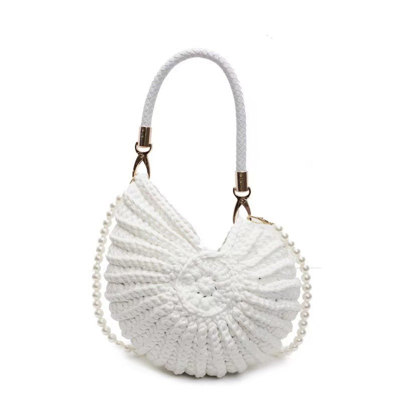 Strick Tote Bag für Damen – Muschel Design & Perlenriemen 🌸 Für Alltag & Urlaub