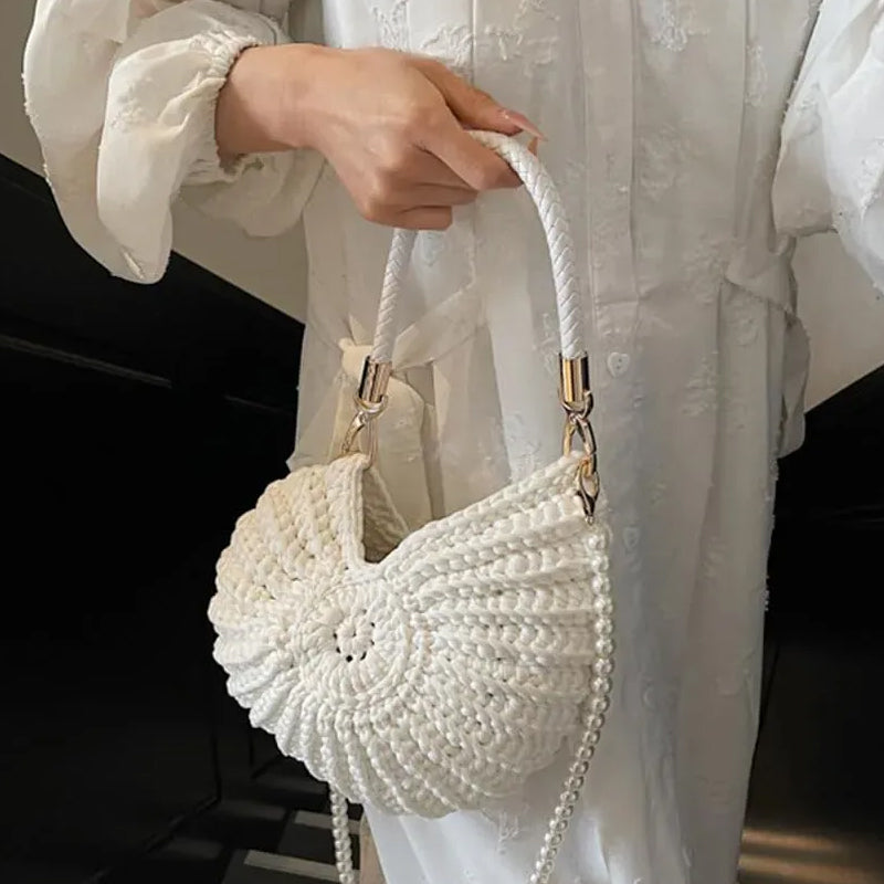 Knitted Seashell Tote Bag with Pearl Strap