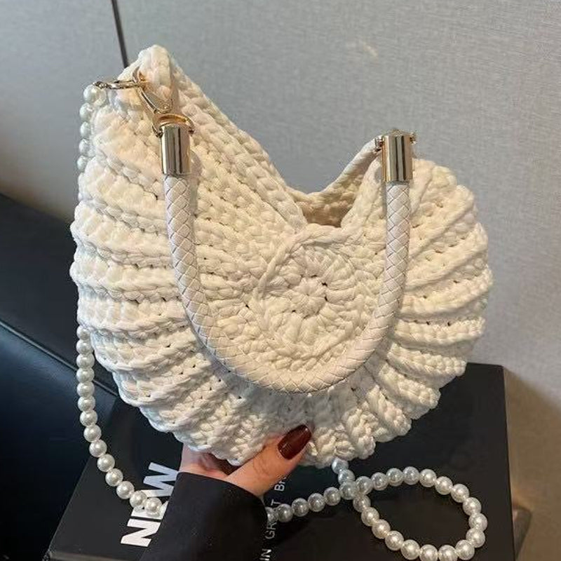 Knitted Seashell Tote Bag with Pearl Strap