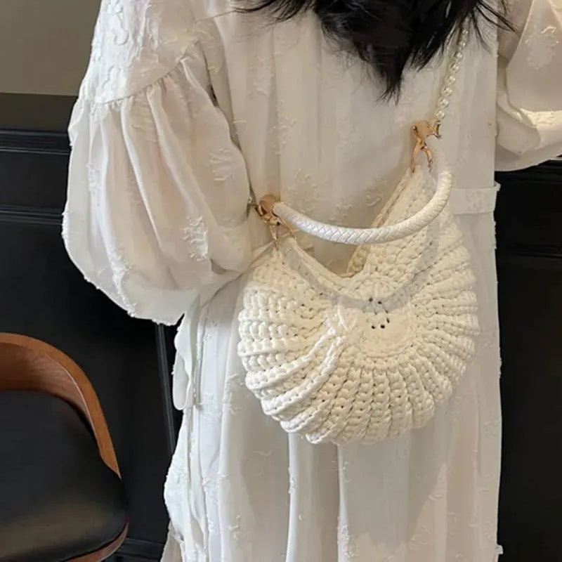 Knitted Seashell Tote Bag with Pearl Strap