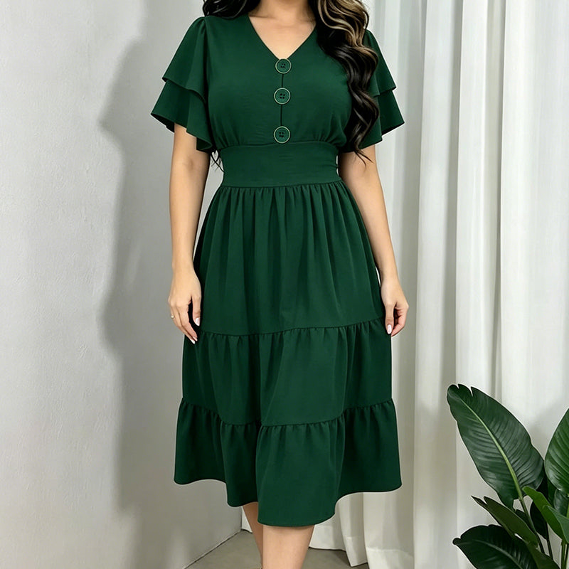 ⏰ 50 % RABATT – Nur für kurze Zeit ✨Damens Kleid mit V-Ausschnitt, Rüschenärmeln und gestuften Etagen – Midi-Länge