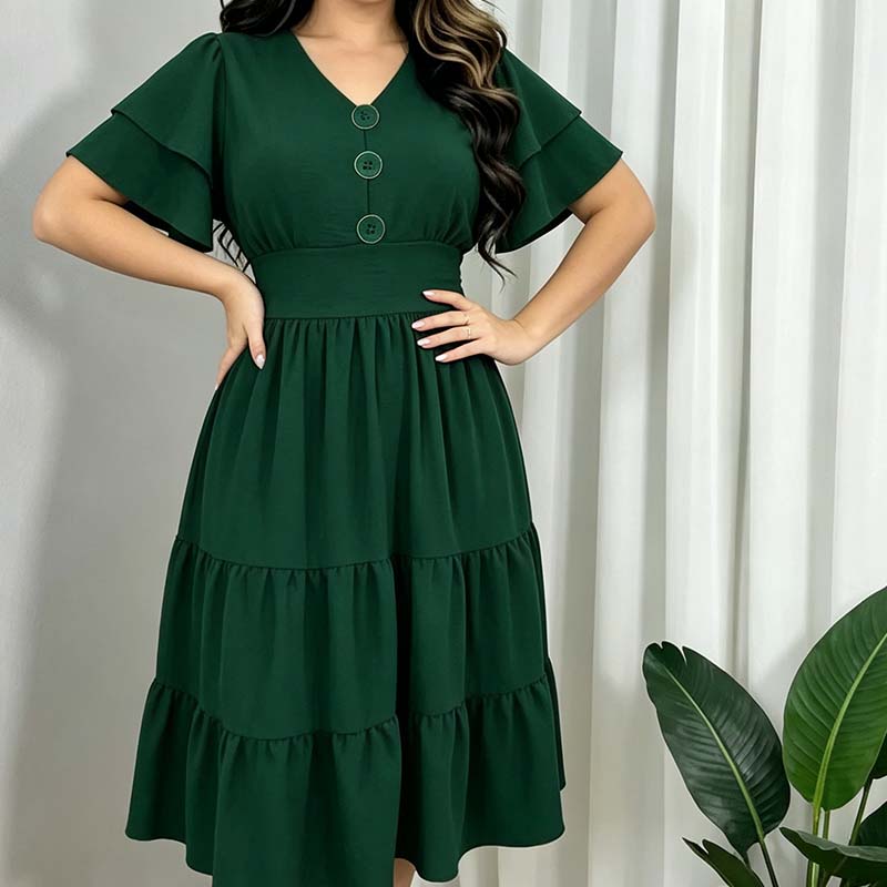 ⏰ 50 % RABATT – Nur für kurze Zeit ✨Damens Kleid mit V-Ausschnitt, Rüschenärmeln und gestuften Etagen – Midi-Länge