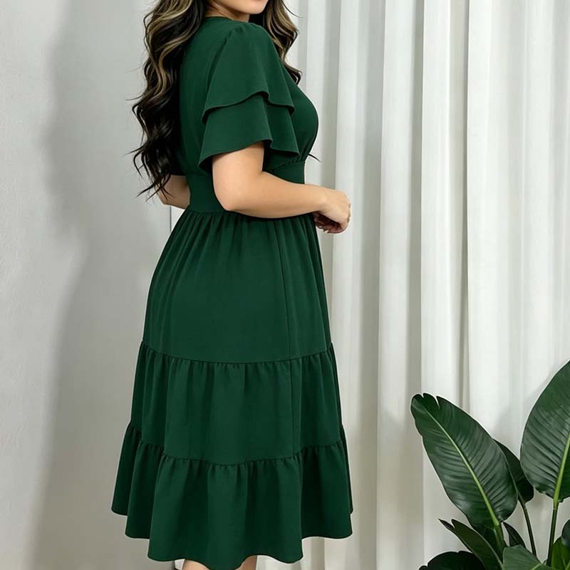 ⏰ 50 % RABATT – Nur für kurze Zeit ✨Damens Kleid mit V-Ausschnitt, Rüschenärmeln und gestuften Etagen – Midi-Länge