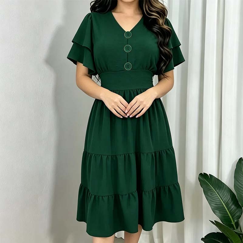 ⏰ 50 % RABATT – Nur für kurze Zeit ✨Damens Kleid mit V-Ausschnitt, Rüschenärmeln und gestuften Etagen – Midi-Länge