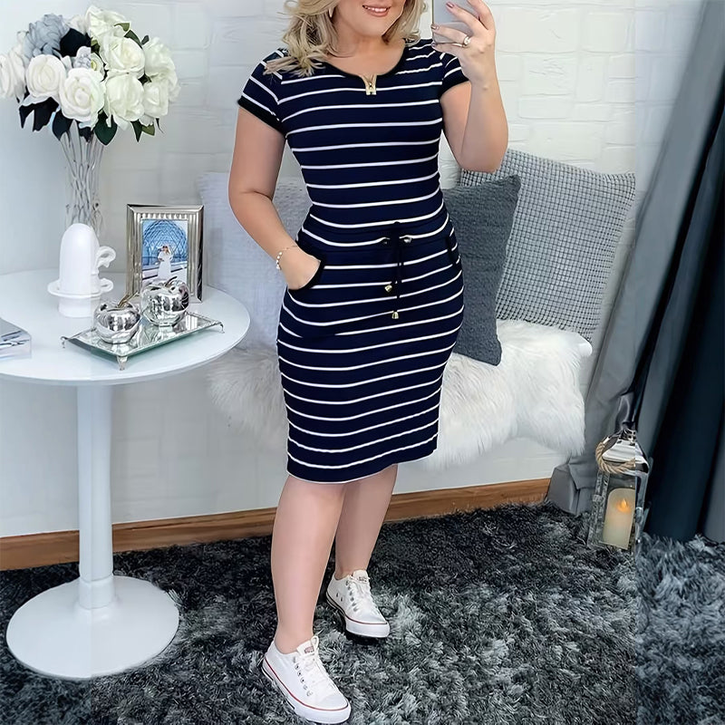 Gestreiftes Sommerkleid für Damen mit Taschen
