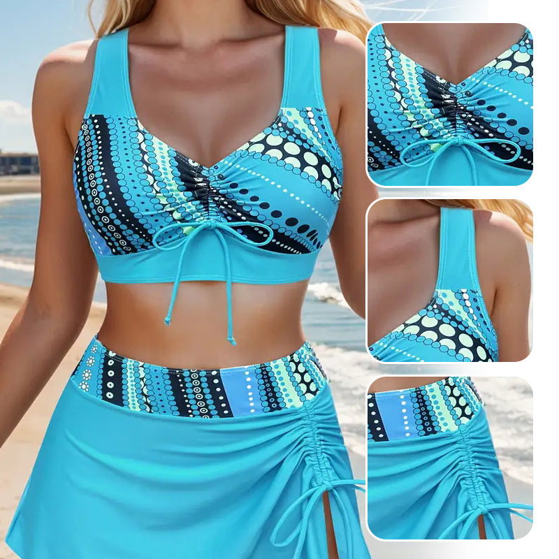 🩱 LIMITED-TIME 50% OFF! ✨ Women's 3-Piece Printed Swimsuit – V-Neck, Drawstring, Criss-Cross Back 🌺