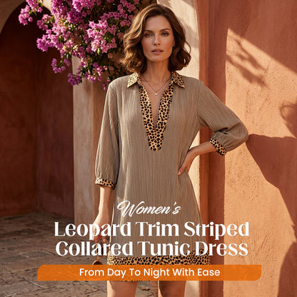 ✨🔥Tunika-Kleid für Damen mit Kragen, Streifenmuster und Leopardenbesatz