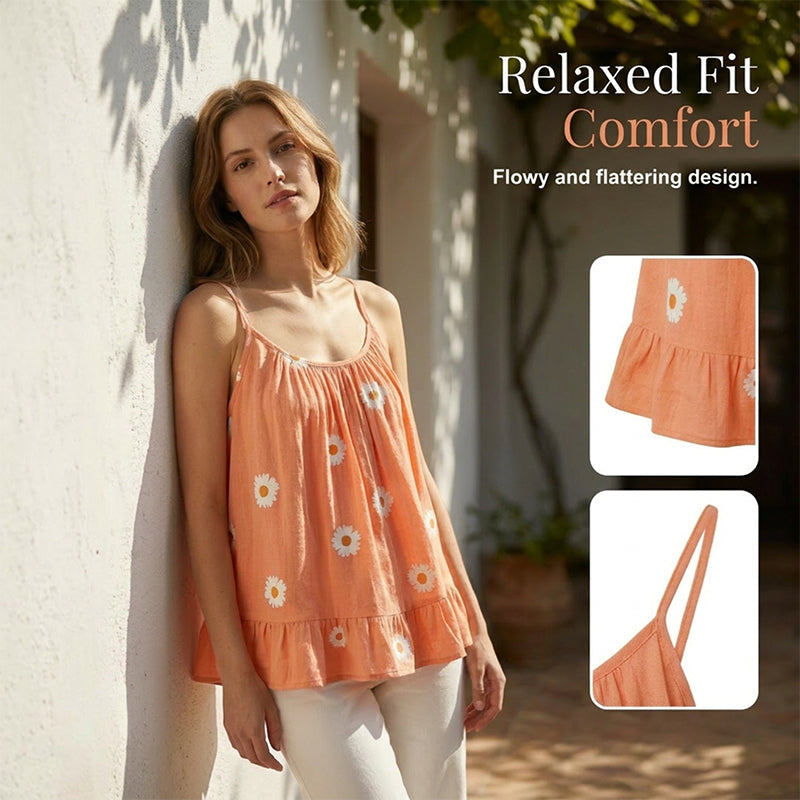 🌼 Leichtes Damen-Camitop mit Gänseblümchen-Druck & Spaghettiträgern – luftig für Sommer & Alltag ☀️