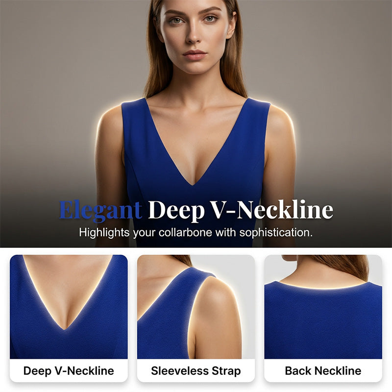 👗 Ärmelloses Bodycon-Kleid mit Raffungen – tiefer V-Ausschnitt, figurbetont & elegant, perfekt für besondere Anlässe 💃