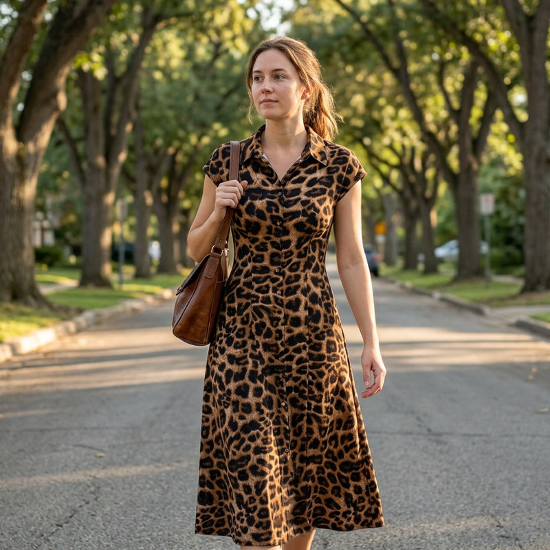 👗 Elegantes Damen-Kleid mit Leopardenprint & Reverskragen – stilvoll, figurbetont & perfekt für Büro, Dinner & besondere Anlässe 🐆✨