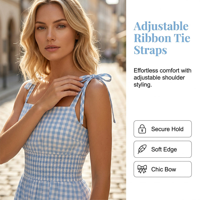 👗 Retro-Maxikleid in Karo-Optik – mit Smok-Oberteil & verstellbaren Trägern, bequem & elegant für Alltag, Strand & Sommer 🌸☀️