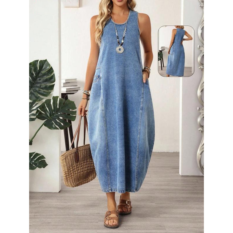👗☀️ Ärmelloses Maxi-Jeanskleid für Damen mit praktischen Taschen