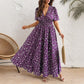 🌸 Women's Floral Print V-Neck Wrap Dress – Ruched Waist Midi Dress, Effortless Boho Chic for Daily Wear & Beach Vacations