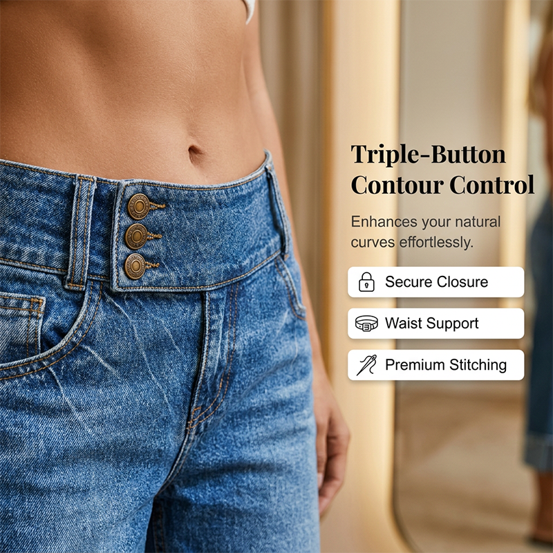 ⏰ 50 % RABATT – Nur für kurze Zeit ✨👖 Figurschmeichelnde Cropped Denim-Jeans mit hoher Taille & weiter Beinweite – 3-facher Knopfverschluss, umgeschlagene Säume & atmungsaktive Qualität