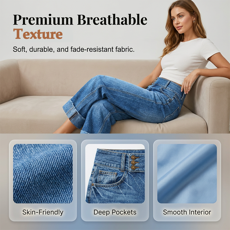 ⏰ 50 % RABATT – Nur für kurze Zeit ✨👖 Figurschmeichelnde Cropped Denim-Jeans mit hoher Taille & weiter Beinweite – 3-facher Knopfverschluss, umgeschlagene Säume & atmungsaktive Qualität