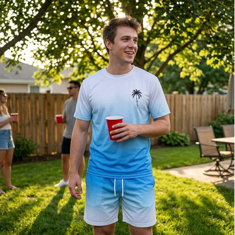 ⏰ 50 % RABATT – Nur für kurze Zeit ✨👕 2-teiliges Sommer-Set für Herren – Kurzarm-Shirt & Shorts mit Farbverlauf, atmungsaktiv, bequem & vielseitig für Alltag, Sport & Reisen 🌊