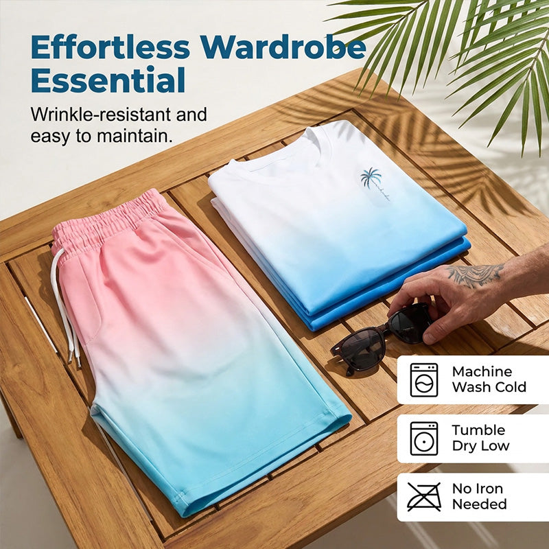 ⏰ 50 % RABATT – Nur für kurze Zeit ✨👕 2-teiliges Sommer-Set für Herren – Kurzarm-Shirt & Shorts mit Farbverlauf, atmungsaktiv, bequem & vielseitig für Alltag, Sport & Reisen 🌊