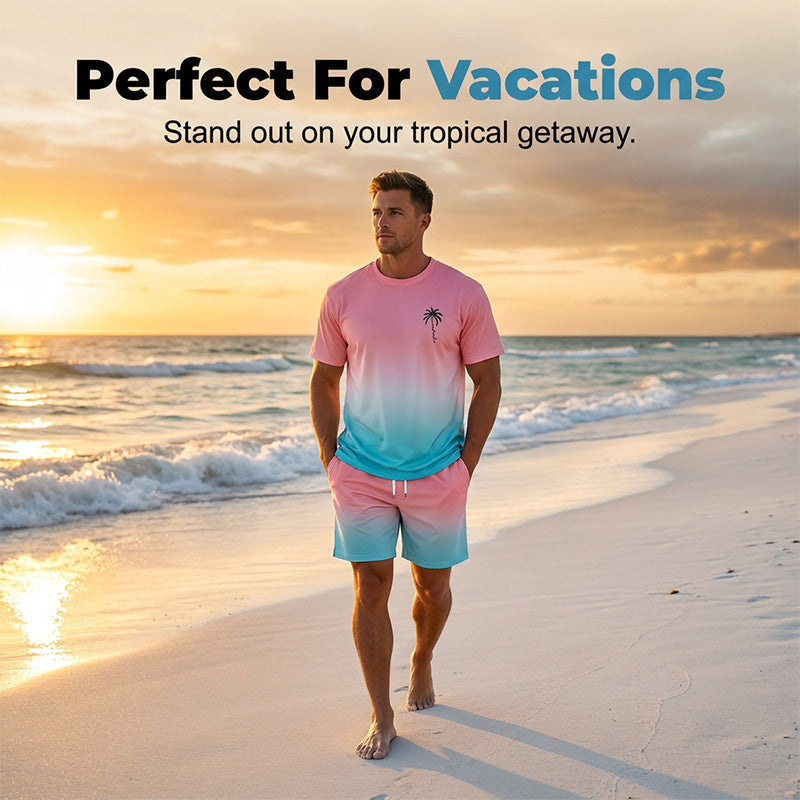 ⏰ 50 % RABATT – Nur für kurze Zeit ✨👕 2-teiliges Sommer-Set für Herren – Kurzarm-Shirt & Shorts mit Farbverlauf, atmungsaktiv, bequem & vielseitig für Alltag, Sport & Reisen 🌊