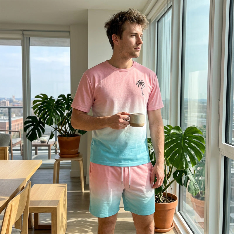 ⏰ 50 % RABATT – Nur für kurze Zeit ✨👕 2-teiliges Sommer-Set für Herren – Kurzarm-Shirt & Shorts mit Farbverlauf, atmungsaktiv, bequem & vielseitig für Alltag, Sport & Reisen 🌊