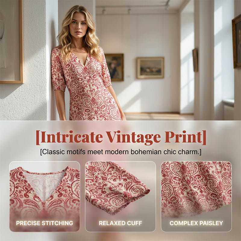 ⏰ 50 % RABATT – Nur für kurze Zeit ✨👗 Damen-Maxikleid mit V-Ausschnitt & Print – kurzärmelig, leicht & vielseitig für Alltag, Strand & Urlaub