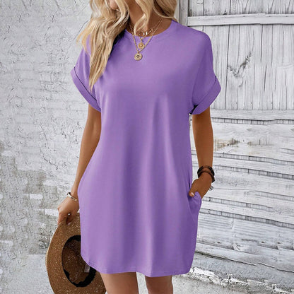 👗 Damen-Tunika-Kleid mit Rundhals – einfarbig, lockere Passform mit praktischen Taschen, vielseitig & bequem für Alltag, Freizeit & Reisen 🌿