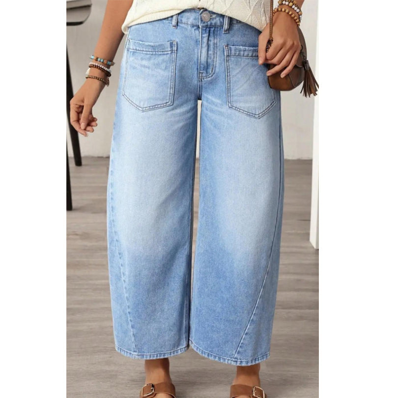 👖 50% RABATT! ✈️ Damen Weitbein-Jeans mit Patch-Taschen – Elastischer Bund & Stretch-Denim – Figurfreundlich & bequem – ideal für Alltag & Freizeit 🩵🌸✨