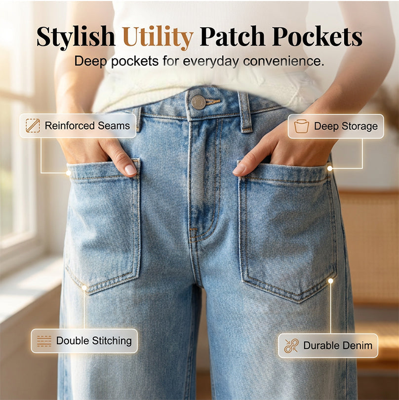 👖 50% RABATT! ✈️ Damen Weitbein-Jeans mit Patch-Taschen – Elastischer Bund & Stretch-Denim – Figurfreundlich & bequem – ideal für Alltag & Freizeit 🩵🌸✨
