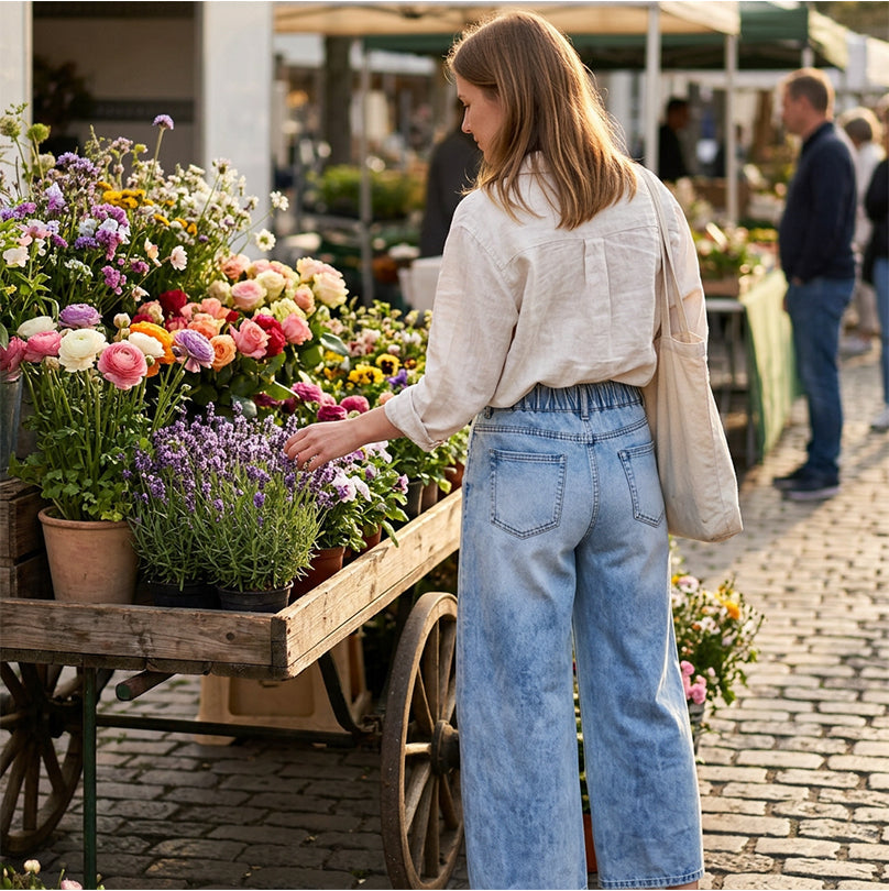 👖 50% RABATT! ✈️ Damen Weitbein-Jeans mit Patch-Taschen – Elastischer Bund & Stretch-Denim – Figurfreundlich & bequem – ideal für Alltag & Freizeit 🩵🌸✨