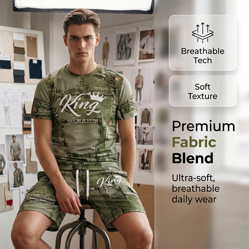 Herren Lässiges Kunstdenim-Print T-Shirt & Shorts Set