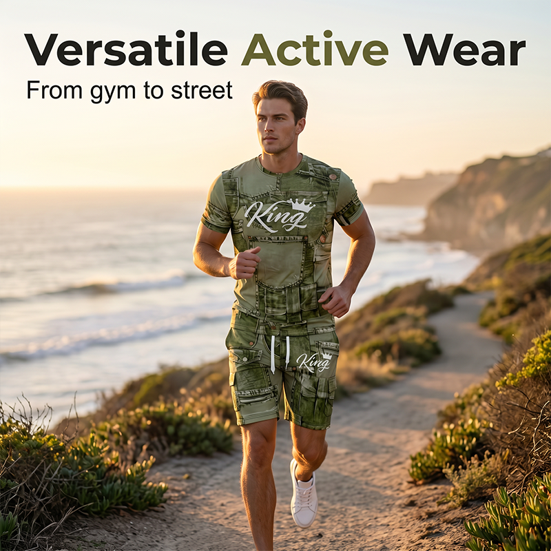 Herren Lässiges Kunstdenim-Print T-Shirt & Shorts Set