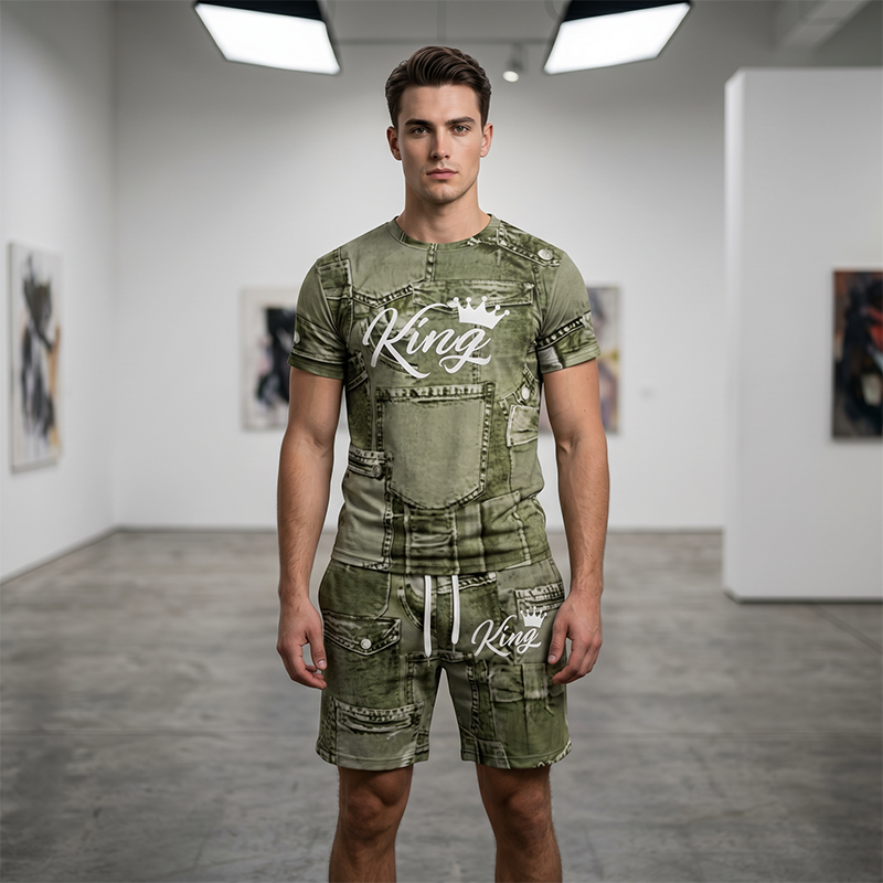 Herren Lässiges Kunstdenim-Print T-Shirt & Shorts Set