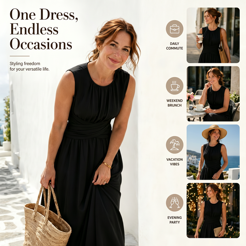Women's Sleeveless Round Neck Wrap-Waist Maxi Dress